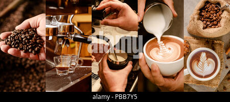 Der Kaffee von Braten, Espresso, Milch, Dampf, latte art pour, bis so eine Tasse serviert. Stockfoto