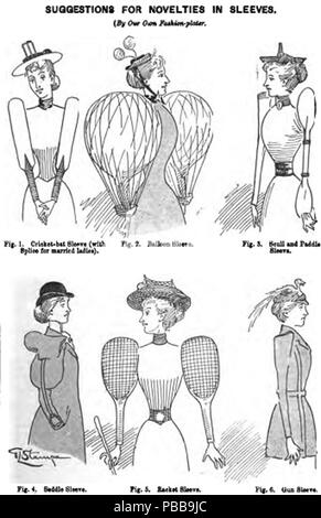 . Cartoon würde der viktorianischen Ära Frauen Mode aus (1895-12-28). "Punch: Oder das London Charivari". Fehler: Journal = Nicht CIX: 264 angegeben. London: Bradbury, Agnew, & Co.LD., Drucker.. 1895 1120 Neuheit in Hülsen (Punch magazine Cartoon 1895) Stockfoto