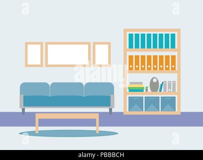 Flaches Design Abbildung: ein Wohnzimmer mit einer Sitz, ein Bücherregal mit Bücher und Ordner, einen Couchtisch auf einem Teppich und einem Bilder auf einer blauen Wand-v Stock Vektor
