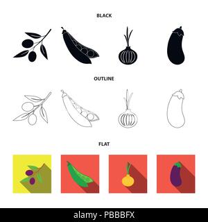 Oliven auf einen Zweig, Erbsen, Zwiebeln, Auberginen. Gemüse Sammlung Icons in Schwarz, flach, Outline style Vektor Symbol lieferbar Abbildung. Stock Vektor