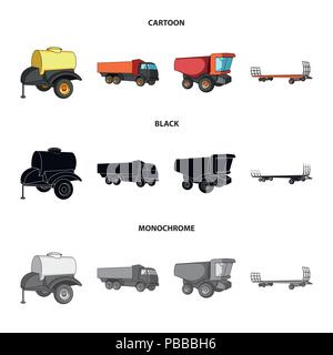 Anhänger mit einem Faß, Lkw und andere landwirtschaftliche Geräte. Landwirtschaftliche Maschinen ein Sammlung Icons im Cartoon, schwarz, Schwarzweiß-Stil Vektor symb Stock Vektor