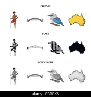 Aborigine mit einem Speer, Sydney Harbour Bridge, kookabarra auf einem Zweig, das Territorium des Landes. Australien Sammlung Icons im Cartoon, schwarz, Mon Stock Vektor