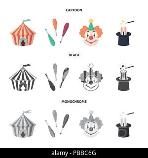 Zirkuszelt, jongleur Streitkolben, Clown, Zauberer Hut. Circus Collection Symbole in Cartoon Set schwarz, Schwarzweiß-Stil vektor Symbol lieferbar Abbildung. Stock Vektor