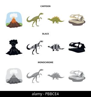 Vulkanausbruch, gallimimus, Stegosaurus, Dinosaurier Schädel. Dinosaurier und prähistorischen Periode set Sammlung Icons im Cartoon, schwarz, Schwarzweiß-Stil vect Stock Vektor