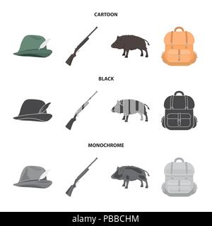 Eine Jagd Hut mit einer Feder, ein Wildschwein, ein Gewehr, einen Rucksack mit Sachen. Jagdausrüstung Sammlung Icons im Cartoon, schwarz, Schwarzweiß-Stil Vektor symb Stock Vektor