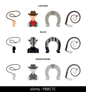 Hand Lasso, Cowboy, Hufeisen, Peitsche. Rodeo set Sammlung Icons im Cartoon, schwarz, Schwarzweiß-Stil vektor Symbol lieferbar Abbildung. Stock Vektor