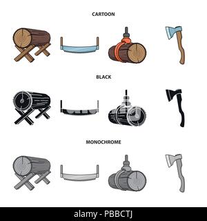 Anmelden unterstützt, Säge, Axt, die Logs. Sägewerk und Holz set Sammlung Icons im Cartoon, schwarz, Schwarzweiß-Stil vektor Symbol lieferbar illustr Stock Vektor