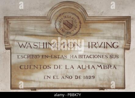 Marmortafel zu Washington Irving die Alhambra, Granada, Andalusien, Spanien, Europa. Stockfoto