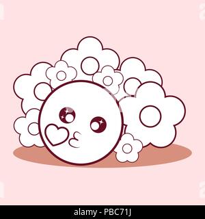 On-line-Design mit kiss Emoji und Blumen auf rosa Hintergrund, farbenfrohen Design. Vector Illustration Stock Vektor