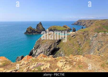 Das Meer Stapel aus Kynance Cove von der South West Coast Path auf Lizard Halbinsel, Cornwall, England, Großbritannien. Stockfoto