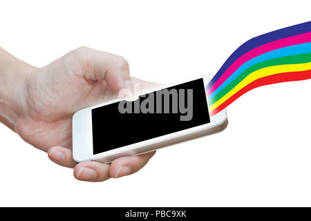 Hand, smart phone und bunte Linie auf weißem Hintergrund Stockfoto