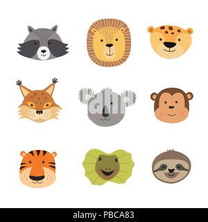 Vector Illustration tierischen Flächen einschließlich Tiger, Löwe, Jaguar, Eidechse, Faultiere, Affen, Koala, Luchs, Waschbär. Stock Vektor