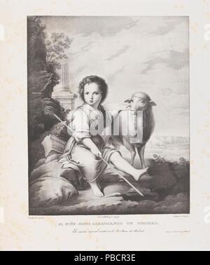 José de Madrazo y Agudo; echte Niederlassung Litográfico de Madrid; José María Avrial y Flores - lithograph - (nach Bartolomé Esteban Murillo) / "Der gute Hirte". 1826 - 1829. Lithographische Aquatinta, Buntstift, Stift Lithographie Lithographie, Abstreifer auf Webte Papier. Museum: Museo del Prado, Madrid, España. Stockfoto