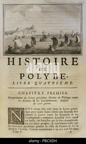 Historia de Polibio. Tomo V. Edición del Griego francesa traducida por Dom Vincent Thuillier. Comentarios o textos de Ciencia militar enriquecidos con Notas críticas e históicas por M. de Folard. París, Chez Pierre Gandouin, Julien-Michel Gandouin, Pierre-François Giffart y Nicolas-Pierre Armand, 1729. Imprenta de Jean-Baptiste Lamesle. Tomo V. Libro IV. Kapitel Kapitel I. Recopilación del Libro anterior. La Guerra de Filipo V de Mazedonien (238-179 A. C) contra Eolia y Laconia. Razones para esta Guerra. Encabeza Grabado que la página. Biblioteca Histórico Militar de Barcelona. Cataluña. España. Stockfoto