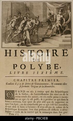 Historia de Polibio. Tomo VI. Francesa Edición del Griego traducida por Dom Vincent Thuillier. Comentarios o textos de Ciencia militar enriquecidos con Notas críticas e históricas por M. de Folard. París, Chez Pierre Gandouin, Julien-Michel Gandouin, Pierre-François Giffart y Nicolas-Pierre Armand, 1730. Libro Sexto. Kapitel Kapitel I. Qué tan fuertes Sohn los gobiernos y Cómo se Forman. Origenes de la monarquía. Biblioteca Histórico Militar de Barcelona. Cataluña. España. Stockfoto