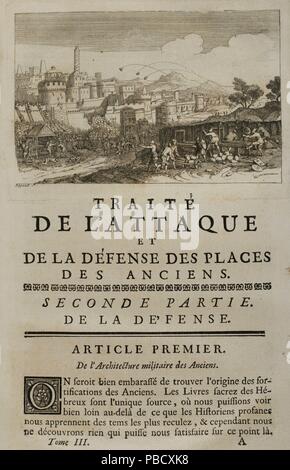 Historia de Polibio. Tomo III. Francesa Edición del Griego traducida por Dom Vincent Thuillier. Comentarios o cuerpos de Ciencia militar enriquecidos con Notas críticas e históricas por M. de Folard. París, Chez Pierre Gandouin, Julien-Michel Gandouin, Pierre-François Giffart y Nicolas-Pierre Armand, 1728. Imprenta de Jean-Baptiste Lamesle. "Pardo del ataque y Defensa de las Plazas en el Mundo antiguo". Biblioteca Histórico Militar de Barcelona. Cataluña. España. Stockfoto