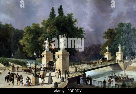 BLANCHARD, PHARAMOND. PINTOR FRANCES. 1805-1873. 'EL PUENTE COLGANTE DE ARANJUEZ', OLEO. PALACIO DE LA GRANJA. PATRIMONIO NACIONAL. Stockfoto