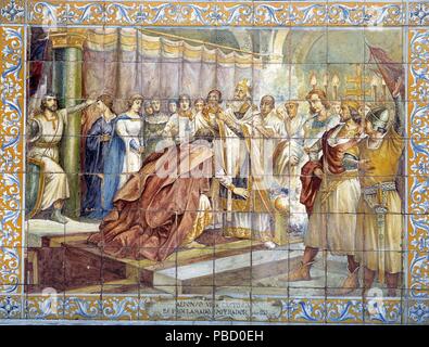 ALFONSO VII "EL EMPERADOR'. REY DE CASTILLA Y LEON. 1126 - 1157. 'ALFONSO VII PROCLAMADO EMPERADOR EN1135'. AZULEJOS DE LA PLAZA DE ESPAÑA DE SEVILLA. Stockfoto