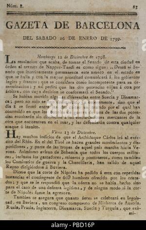 Gazeta de Barcelona, 26 de Enero de 1799. Núm. 8. Portada. Biblioteca Histórico Militar de Barcelona. Cataluña. España. Stockfoto