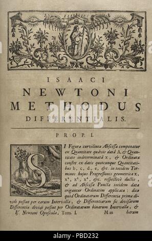 Isaac Newton (Woolsthorpe, 1642-Londres, 1727). Físico, Matemático y astrónomo Inglés. Opúscula Mathematica, Philosophia et Philolophia. Tomo I: Mathematica. Inicio Interieur. Obra editada en Helvétie y Ginebra, 1744. La Obra original de Newton es del 1686. Biblioteca Histórico Militar de Barcelona. Catalunya, España. Stockfoto