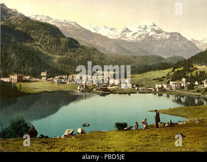 . Englisch: St. Moritz Bad (C. 1900), den St. Moritzer See im Vordergrund Deutsch: Sankt Moritz Bad um 1900, mit St. Moritzersee Rätoromanisch: San Murezzan Bagn ed il Lej da San Murezzan. Zwischen 1890 und 1905 1289 Sankt Moritz Bad um 1900 Stockfoto