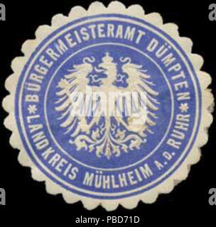 Alte Briefverschlussmarke aus Papier, welche seit ca. 1850 von Behoerden, Anwaelten, Notaren und Firmen zum Verschliessen der Post verwendet wurde. 1331 Siegelmarke Bürgermeisteramt Dümpten Landkreis Mühlheim-Ruhr W 0331719 Stockfoto