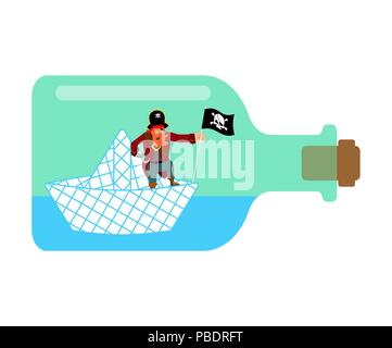 Pirate auf Papier Schiff in der Flasche. Vector Illustration Stock Vektor