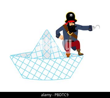 Pirate auf Papier Boot isoliert. Vector Illustration Stock Vektor