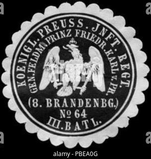 Alte Briefverschlussmarke aus Papier, welche seit ca. 1850 von Behoerden, Anwaelten, Notaren und Firmen zum Verschliessen der Post verwendet wurde. 1414 Siegelmarke K.Pr. Infanterie Regiment General Feldmarschall Prinz Friedrich Karl von Preußen (8. Brandenburgische) Nr. 64 - III. Bataillon W 0233501 Stockfoto