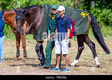 Sussex, UK. 28. Juli 2018. Sammeln von Ring. Brasilianische Bräutigam. Longines FEI Jumping Nations Cup von Großbritannien an der BHS Royal International Horse Show. Alle England Parcours. Hickstead. Großbritannien. 28.07.2018. Credit: Sport in Bildern/Alamy leben Nachrichten Stockfoto