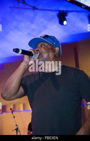 Los Angeles, Kalifornien, USA. 27. Juli, 2018. Sammy Sam und Chuck D von Public Enemy live auf der Bühne bei Levitt Pavillon in MacArthur Park in Los Angeles, Kalifornien. Credit: Sheri Determan/Alamy leben Nachrichten Stockfoto