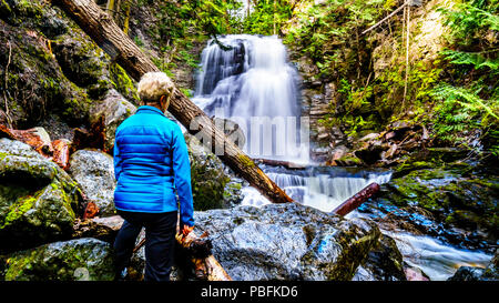 Ältere Frau an Whitecroft fällt, ein Wasserfall an McGillivray Creek und eine kurze Wanderung von Sun Peaks Road in der Nähe der Stadt Whitecroft in BC, Kanada Stockfoto