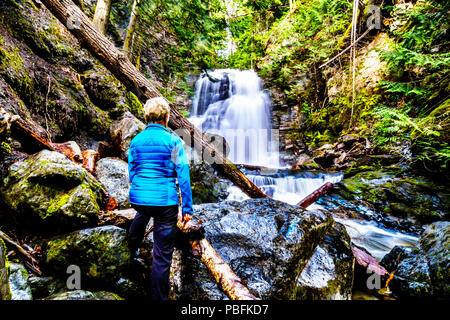 Ältere Frau an Whitecroft fällt, ein Wasserfall an McGillivray Creek und eine kurze Wanderung von Sun Peaks Road in der Nähe der Stadt Whitecroft in BC, Kanada Stockfoto