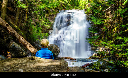 Ältere Frau an Whitecroft fällt, ein Wasserfall an McGillivray Creek und eine kurze Wanderung von Sun Peaks Road in der Nähe der Stadt Whitecroft in BC, Kanada Stockfoto