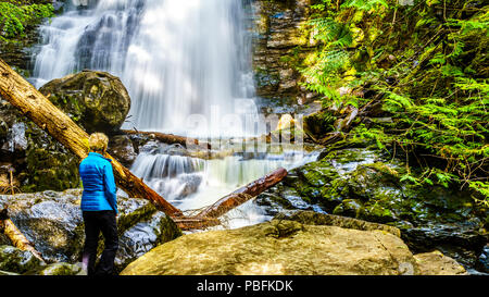 Ältere Frau an Whitecroft fällt, ein Wasserfall an McGillivray Creek und eine kurze Wanderung von Sun Peaks Road in der Nähe der Stadt Whitecroft in BC, Kanada Stockfoto