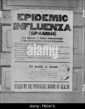 . Englisch: ein Foto von einem Plakat von der Provinz Alberta's Vorstand Gesundheit Alarmierung der öffentlichen in die grippewelle. Das Plakat gibt Informationen über die Spanische Grippe und Anweisungen, wie eine Maske machen. ca. 1918 1557 SpanishFluPosterAlberta Stockfoto