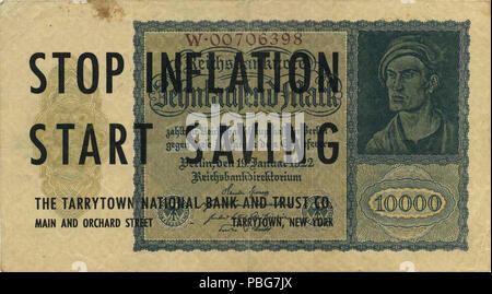 1588 Gegen Aufpreis "STOP INFLATION SPAREN "de la Tarrytown National Bank und Trust Co New York sur un Billet d'Inflation allemand daté de 1922. "Propagande effectuée en 1930 Stockfoto