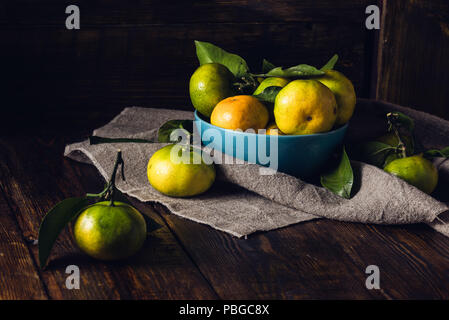 Stillleben mit Mandarinen in blauer Schüssel. Selektiver Fokus auf Mandarinen in der Schüssel. Stockfoto
