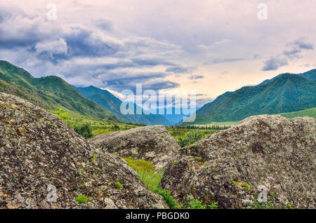 Steine mit Moos und Flechten in die Berge des Altai Gebirge, Russland abgedeckt - Eine schöne Sommer Landschaft in Wetter Stockfoto