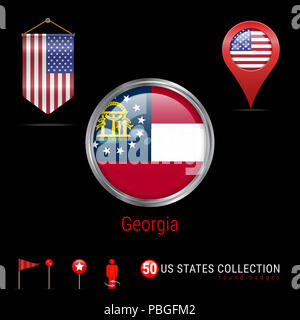 Runde silberne Abzeichen mit Georgien US-Flagge. Glänzend Button Flagge von Georgia. Runde Symbol Georgiens mit Metallrahmen. Wimpel Flagge der USA. Kartenzeiger Stockfoto