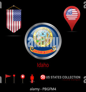 Runde silberne Abzeichen mit Idaho US-Flagge. Glänzend Button Flagge von Idaho. Runde Symbol von Idaho mit Metallrahmen. Wimpel Flagge der USA. Kartenzeiger - USA Stockfoto