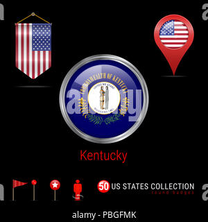 Runde silberne Abzeichen mit Kentucky US-Flagge. Glänzend Button Flagge von Kentucky. Runde Symbol von Kentucky mit Metallrahmen. Wimpel Flagge der USA. Karte Poin Stockfoto