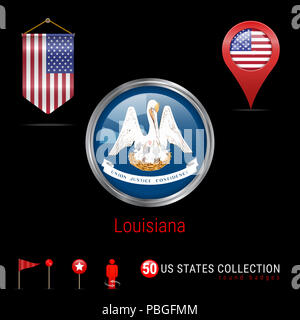 Runde silberne Abzeichen mit Louisiana US-Flagge. Glänzend Button Flagge Louisiana. Runde Symbol von Louisiana mit Metallrahmen. Wimpel Flagge der USA. Karte P Stockfoto