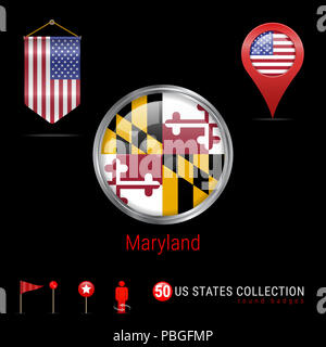 Runde silberne Abzeichen mit Maryland US-Flagge. Glänzend Button Flagge von Maryland. Runde Symbol von Maryland mit Metallrahmen. Wimpel Flagge der USA. Karte Poin Stockfoto