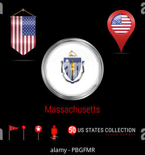 Runde silberne Abzeichen mit Massachusetts Flagge. Glänzend Button Flagge von Massachusetts. Runde Symbol von Massachusetts mit Metallrahmen. Wimpel Flagge der USA. Ma Stockfoto