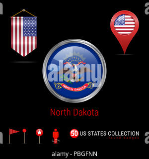 Runde silberne Abzeichen mit North Dakota US-Flagge. Glänzend Button Flagge von North Dakota. Runde Symbol von North Dakota mit Metallrahmen. Wimpel Fahne von U Stockfoto