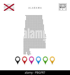Dots Muster Karte von Alabama. Stilisierte Einfache Silhouette von Alabama. Die Flagge des US-Bundesstaates Alabama. Eingestellt von bunten Karte Markierungen. Illustration ist Stockfoto