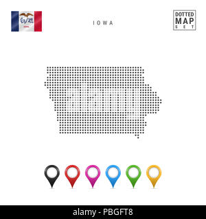 Dots Pattern Map von Iowa. Stilisierte Einfache Silhouette von Iowa. Die Flagge des Staates Iowa. Eingestellt von bunten Karte Markierungen. Abbildung auf Isolierte Stockfoto