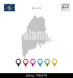 Dots Pattern Map von Maine. Stilisierte Einfache Silhouette von Maine. Die Flagge des Staates Maine. Eingestellt von bunten Karte Markierungen. Abbildung isoliert Stockfoto