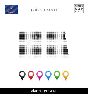 Dots Muster Karte von North Dakota. Stilisierte Einfache Silhouette von North Dakota. Die Flagge des Bundesstaates North Dakota. Eingestellt von bunten Karte Markierungen. Stockfoto